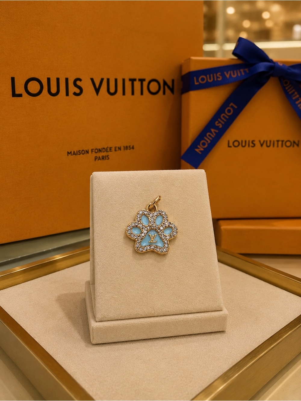 Louis Vuitton Stamped Blue Paw Pendant Charm zipper pull- Gold Trim
